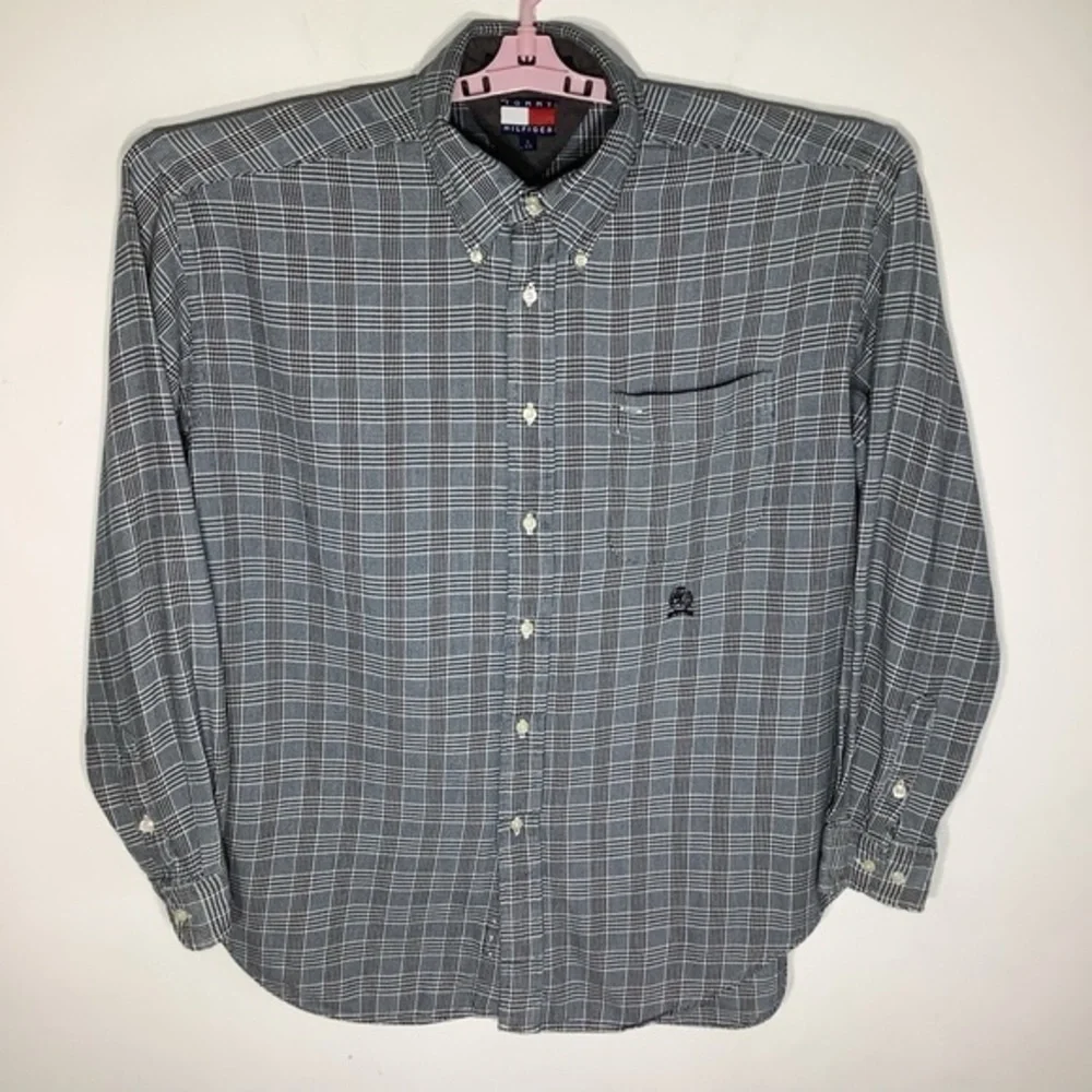 Tommy Hilfiger Mens Long Sleeve‎ Button Up Black & Blue Checkered Shirt Sz L. - Picture 2 of 4
